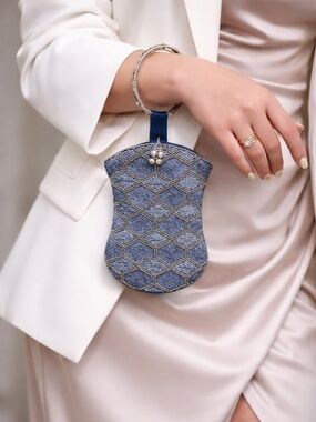 David Jeffrey Blue Beaded Wristlet Mobile - Clutch Evening Bag Ring Handle